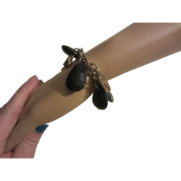 Gold Tone Charm Bracelet Black Teardrops & Heart Lock Charms - Picture 3 of 6